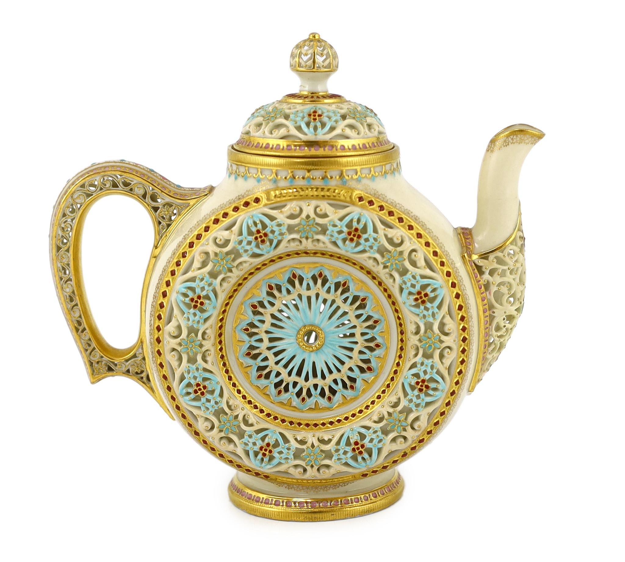 A fine and rare Royal Worcester reticulated teapot and cover, designed by George Owen, c.1881